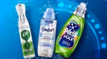 Three household cleaning and laundry products, Cif, Comfort and Persil, displayed against a bright blue background with water bubbles.